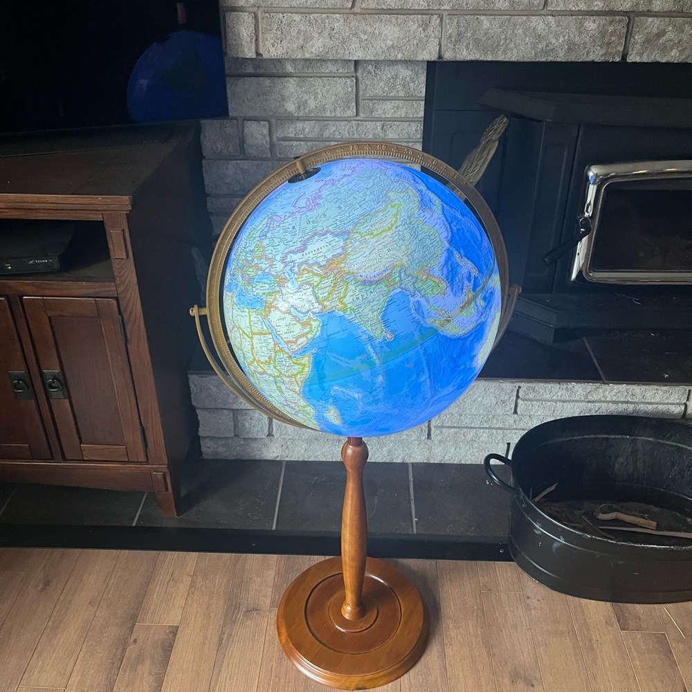 Illuminated Blue Globe with Wooden Stand